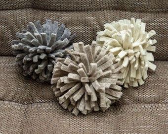 Boho Pom Pom Pillow, Grey Beige Wool Cushion, Modern Neutral Decor