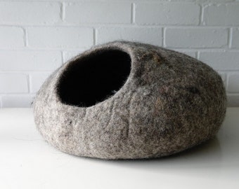 READY TO SHIP: Cat Cave, House, Bed, handmade felted from 100% natural eco sheep wool, grey mixed with brown - cats love it