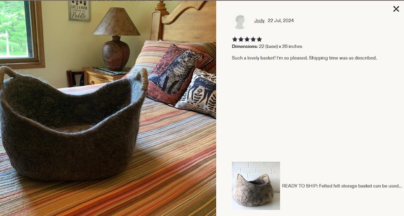 Felted wool storage basket in grey with two wrapped handles; cozy cat bed with a sleeping cat inside.