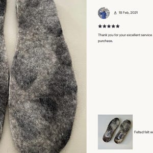 Wool shoe insoles, natural undyed felted wool, unisex warm boot inserts with white brand tags.