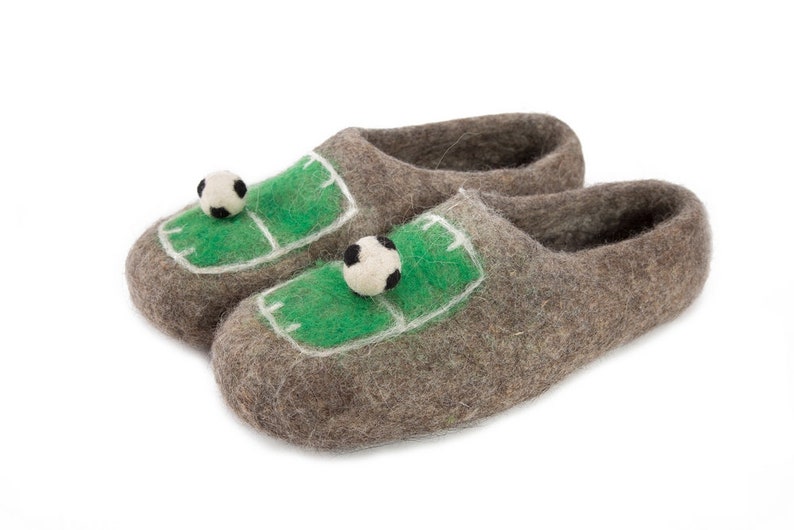 Felt felted boiled wool slippers for men with football pitch and white ball Eco friendly Increadibly warm Great gift for football fans image 4