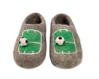 Handmade Boiled Wool Clogs, Undyed Felted Slippers, Football Pitch Design