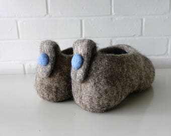 Felt felted wool slippers / clogs / house shoes / mules/ woman's/men's unisex minimalist with baby bue ball / handmade - scandi hygge living