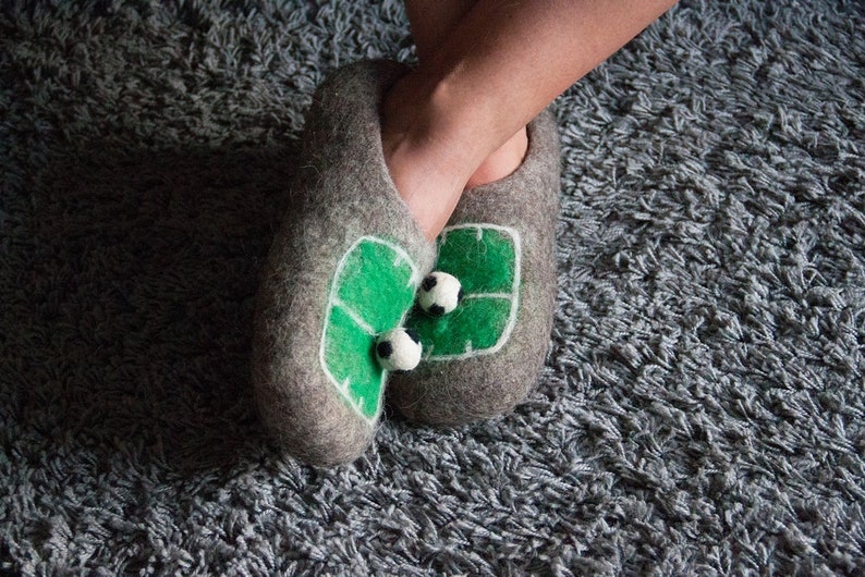 Felt felted boiled wool slippers for men with football pitch and white ball Eco friendly Increadibly warm Great gift for football fans image 6