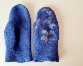 Hand Felted Wool Mittens, Navy Blue, Artisan Textile Art Gloves
