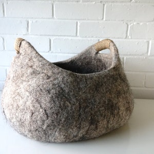 READY TO SHIP: Felted felt storage basket can be used as cat bed / laundry hamper / magazine basket