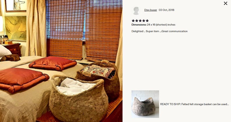 Felted wool storage basket in grey with two wrapped handles; cozy cat bed with a sleeping cat inside.