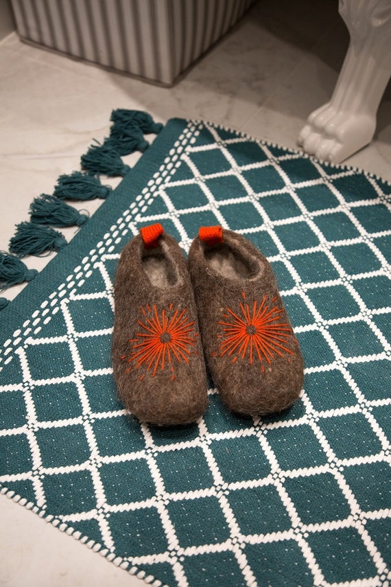 Felted Wool Slippers for Women With Embroidered Sun Design Wool