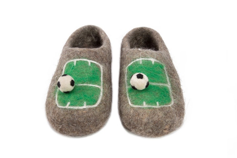 Felt felted boiled wool slippers for men with football pitch and white ball Eco friendly Increadibly warm Great gift for football fans image 1