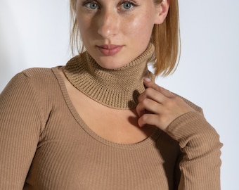 Wool Mock Neck taupe merino, slim knit cowl scarf alternative