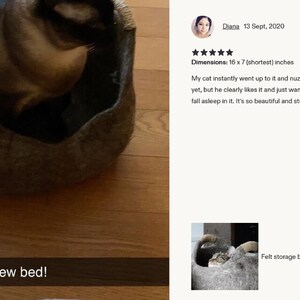 Felted wool storage basket in grey with two wrapped handles; cozy cat bed with a sleeping cat inside.
