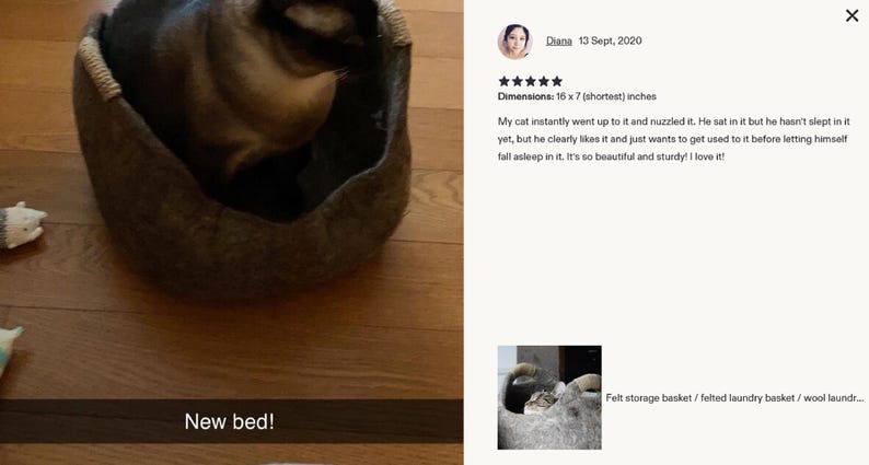 Felted wool storage basket in grey with two wrapped handles; cozy cat bed with a sleeping cat inside.
