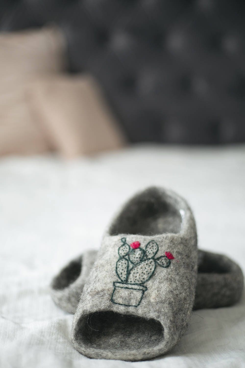 Felted Wool Embroidered Slippers for Women With Open Front - Wool ...