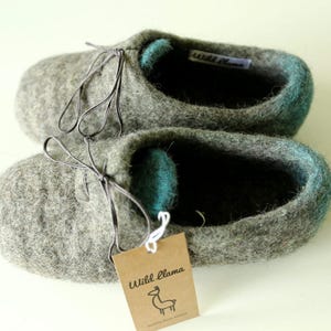 Gray felted wool slippers with laces, unisex, dip-dye blue interior; handmade eco-friendly clogs-style house shoes.
