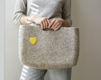 Large Wool Felt Tote Bag, Minimalist Eco Friendly Carryall, Pompom Detail