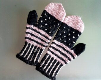 Wool black and pink fair isle knitted mittens, mitts, gloves with black thumb - handmade to perfection - perfect for autumn/winter - scandi