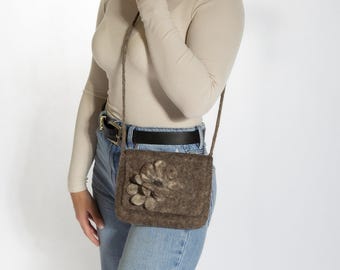 Handmade Felt Wool Sling Bag, Neutral Gray, Floral Accent, Minimalist Crossbody Bag