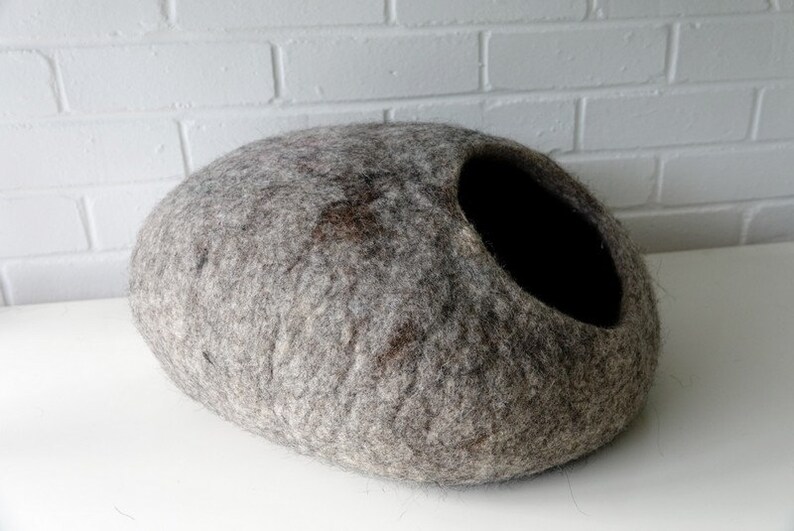 handmade felted from 100/% natural eco sheep wool grey mixed with brown cats love it Bed House READY TO SHIP: Cat Cave