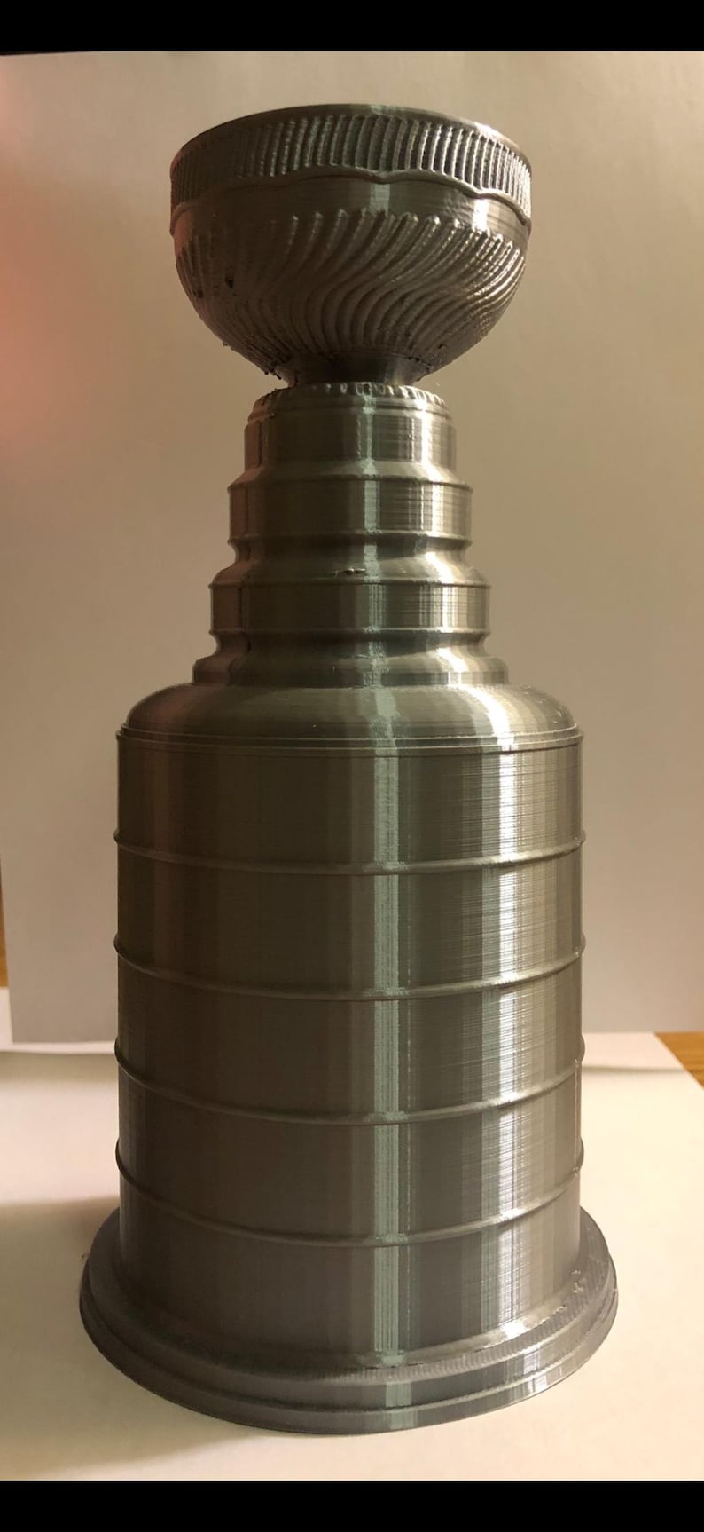 May include: A silver-colored 3D printed trophy replica featuring a wide bowl top with a textured rim, a tapered neck section, and a cylindrical base with horizontal ring details. The object has a visible layered finish from the printing process.