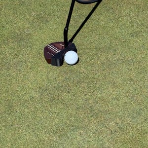 Puede incluir: Un putter de golf con una cabeza marr&oacute;n oscuro y un eje negro se coloca sobre una pelota de golf blanca en un campo verde. Un zapato de golf blanco es visible en el fondo, proyectando una sombra.