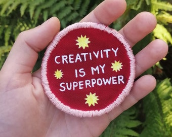 Creativity is my superpower, handmade sew-on patch, unique colourful funky trippy gift for artists creatives, hand painted upcycled applique