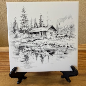 Engraved Art, Ceramic Tile, Country Art, Cabin, Mountains, Displayed Art, Wall Hangings