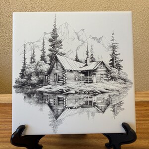 Engraved Art, Ceramic Tile, Country Art, Cabin, Mountains, Displayed Art, Wall Hangings