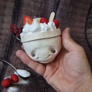 ICE-CREAM POT- home decor, halloween,  Christmas ornament, artdoll gift sweety Strawberry unique piece  kitchen decor, cream foodie arttoy