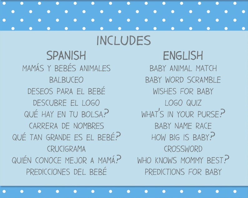 instant download. ELEPHANT theme Spanish and english baby shower game set printable