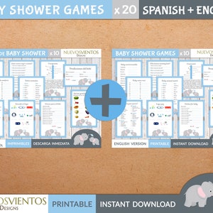 Juegos bilingües de elefantes para baby shower: 20 actividades imprimibles (descarga digital)