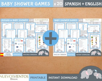 Bilingual Elephant Baby Shower Games: 20 Printable Activities (Digital Download)