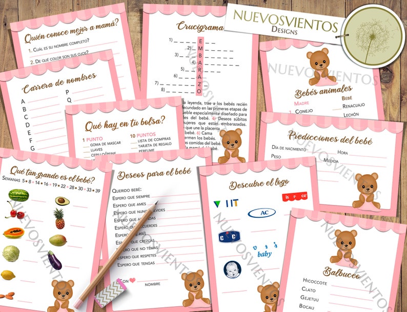 Może przedstawiać: R&oacute;żowe i białe karty do gier na baby shower z ilustracją brązowego pluszowego misia. Karty zawierają gry takie jak "Kto najlepiej zna mamę?", "Odgadnij zwierzę", i "Co masz w torebce?"