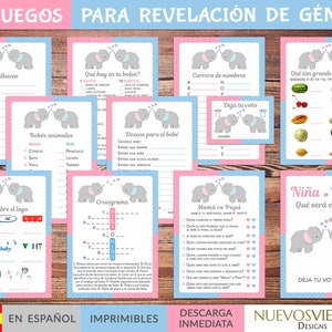 Puede incluir: Un conjunto de 10 juegos imprimibles de revelaci&oacute;n de g&eacute;nero en espa&ntilde;ol. Los juegos presentan lindas ilustraciones de elefantes e incluyen t&iacute;tulos como "Balbuceo", "Qu&eacute; hay en tu bolsa?", "Carrera de nombres", "Qu&eacute; tan grande es el beb&eacute;?", "Beb&eacute;s animales", "Deseos para el beb&eacute;", "Descubre el logo", "Crucigrama", "Mam&aacute; vs Pap&aacute;", y "Ni&ntilde;a o Ni&ntilde;o? Qu&eacute; ser&aacute; el beb&eacute;?"