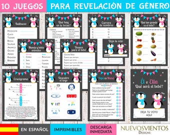 10 Juegos de revelación de género de Pingüinos ESPAÑOLES imprimibles, Juegos de revelación de género de Invierno En descarga digital en español