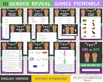 Mardi Gras gender reveal games printbaar. Afro-Amerikaanse gender reveal bundel, direct downloaden