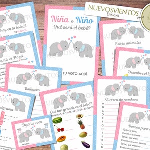 Puede incluir: Un conjunto de tarjetas de juego de baby shower imprimibles con ilustraciones de elefantes rosas y azules. Las tarjetas incluyen juegos como "&iquest;Qu&eacute; hay en tu bolso?", "Mam&aacute; vs. Pap&aacute;", "Bingo de animales beb&eacute;s" y "Adivina el nombre del beb&eacute;".