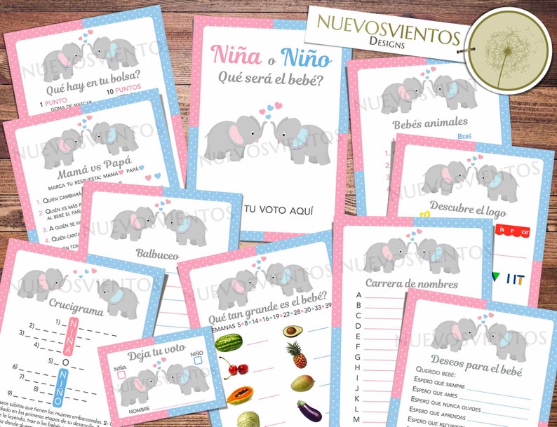 Puede incluir: Un conjunto de tarjetas de juego de baby shower imprimibles con ilustraciones de elefantes rosas y azules. Las tarjetas incluyen juegos como "&iquest;Qu&eacute; hay en tu bolso?", "Mam&aacute; vs. Pap&aacute;", "Bingo de animales beb&eacute;s" y "Adivina el nombre del beb&eacute;".