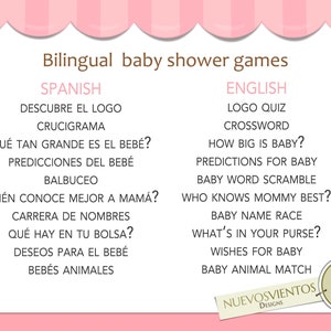 May include: A pink and white printable poster with the text "Bilingual baby shower games" in brown text. The poster lists games in Spanish and English for a baby shower.
