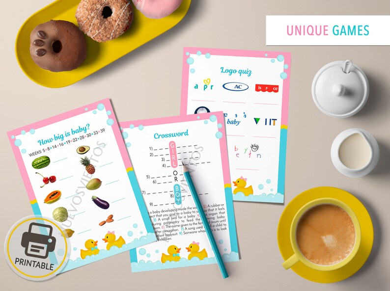 May include: Printable baby shower game cards with a pink and blue color scheme. The cards feature a variety of games, including a crossword puzzle, a logo quiz, and a "How big is baby?" game. The cards are decorated with a yellow rubber ducky and bubbles.