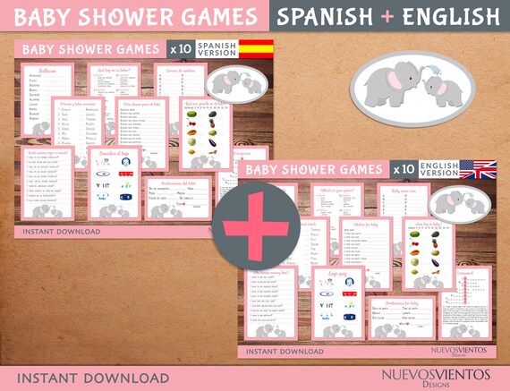 Baby Shower games in english and spanish. Baby girl elephant theme, printable. Il_570xn