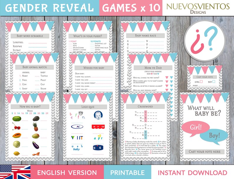 Gender reveal printable game set instant download. | Etsy