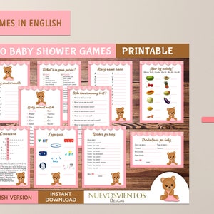 May include: Printable baby shower game cards featuring a pink and brown colour scheme with a teddy bear illustration. The games include: Baby Word Scramble, What's in Your Purse?, Baby Name Race, Who Knows Mommy Best?, Baby Animal Match, How Big is Baby?, Crossword, Lego Quiz, Wishes for Baby, Predictions for Baby.