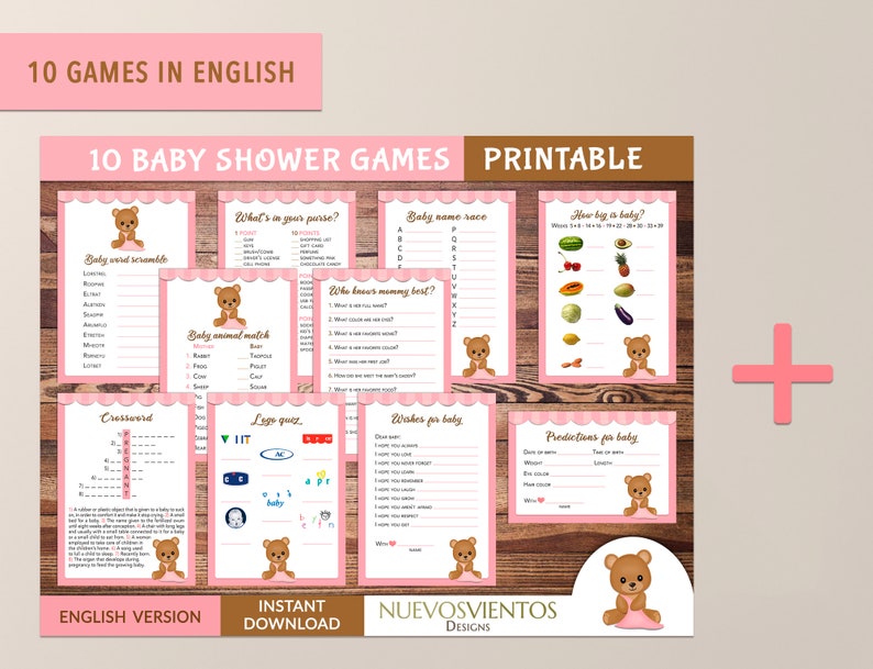 May include: Printable baby shower game cards featuring a pink and brown colour scheme with a teddy bear illustration. The games include: Baby Word Scramble, What's in Your Purse?, Baby Name Race, Who Knows Mommy Best?, Baby Animal Match, How Big is Baby?, Crossword, Lego Quiz, Wishes for Baby, Predictions for Baby.