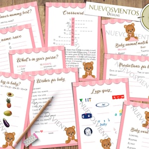 May include: Pink and white baby shower game cards featuring a teddy bear theme. The cards include games such as "Who knows mommy best?", "Baby name race", "What's in your purse?", "How big is baby?", "Wishes for baby", "Baby animal match", "Predictions for baby", "Logo quiz", and "Baby word scramble".