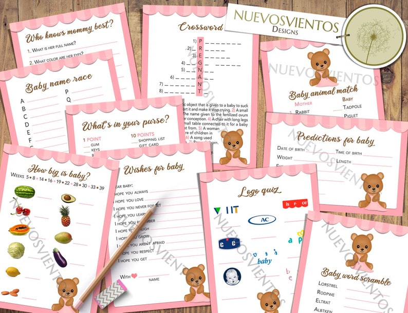 May include: Pink and white baby shower game cards featuring a teddy bear theme. The cards include games such as "Who knows mommy best?", "Baby name race", "What's in your purse?", "How big is baby?", "Wishes for baby", "Baby animal match", "Predictions for baby", "Logo quiz", and "Baby word scramble".
