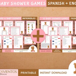 May include: Printable baby shower games in Spanish and English. The games feature a cute teddy bear design with pink and brown accents. The text on the image reads "20 Baby Shower Games Spanish + English", "10 Juegos de Baby Shower Imprimibles", "10 Baby Shower Games Printable", "En Espa&ntilde;ol", "Descarga Inmediata", "Nuevosvientos Designs", "English Version", "Instant Download", "Nuevosvientos Designs", "Nuevosvientos Designs", "Printable", "Instant Download".