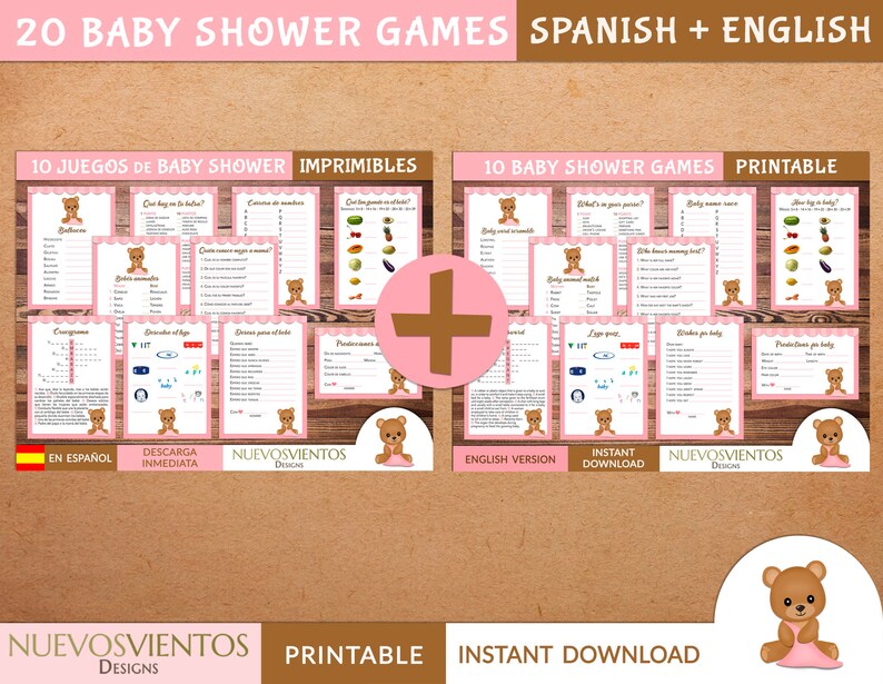 May include: Printable baby shower games in Spanish and English. The games feature a cute teddy bear design with pink and brown accents. The text on the image reads "20 Baby Shower Games Spanish + English", "10 Juegos de Baby Shower Imprimibles", "10 Baby Shower Games Printable", "En Espa&ntilde;ol", "Descarga Inmediata", "Nuevosvientos Designs", "English Version", "Instant Download", "Nuevosvientos Designs", "Nuevosvientos Designs", "Printable", "Instant Download".