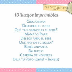 Puede incluir: Una lista de juegos imprimibles en azul y rosa con el texto "10 Juegos imprimibles" y una lista de 10 juegos en espa&ntilde;ol.