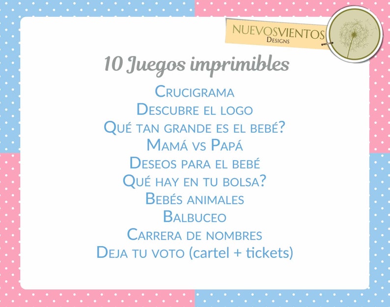 Puede incluir: Una lista de juegos imprimibles en azul y rosa con el texto "10 Juegos imprimibles" y una lista de 10 juegos en espa&ntilde;ol.