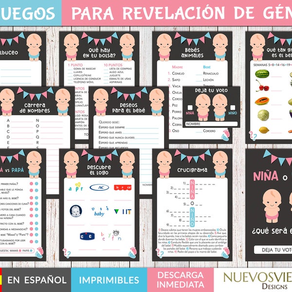 SPANISH baby gender reveal games printable, 10 Boy or girl party games in Spanish, Instant download.